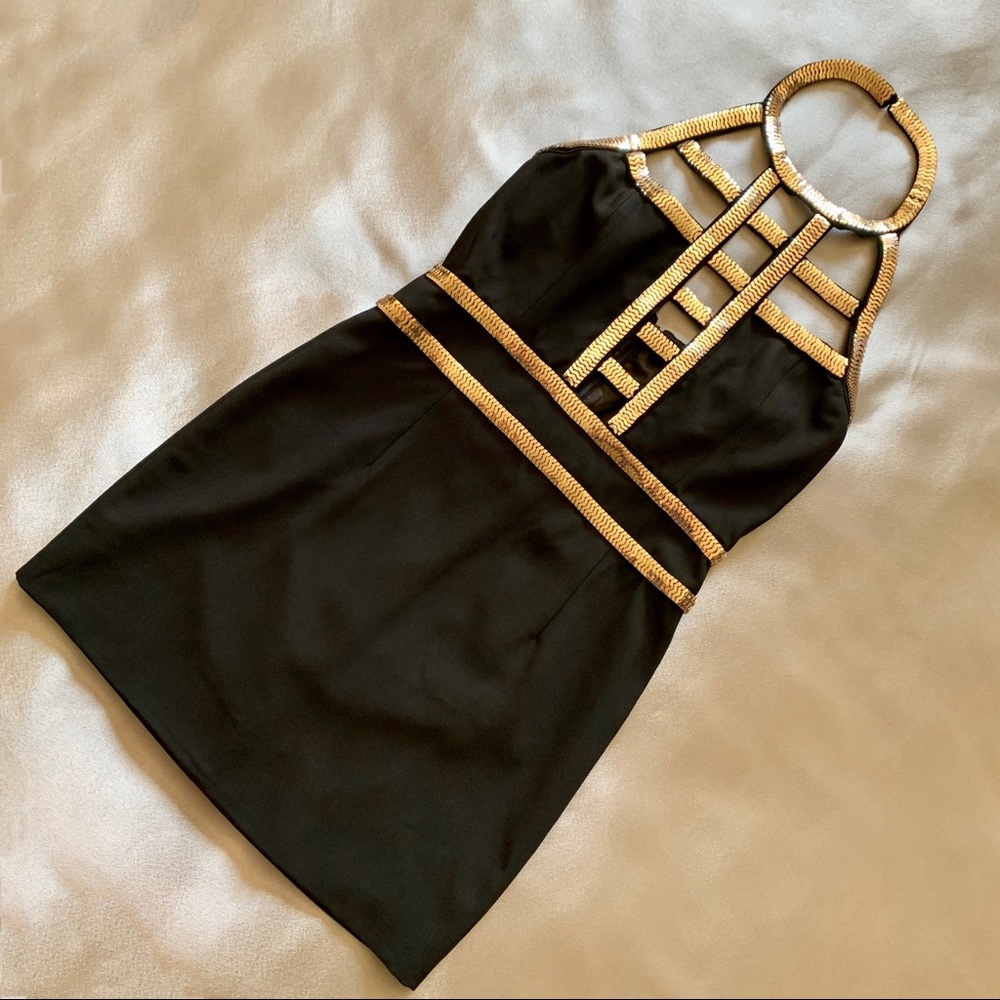 Black Gold Chain Trim Halter Backless A-line Dress